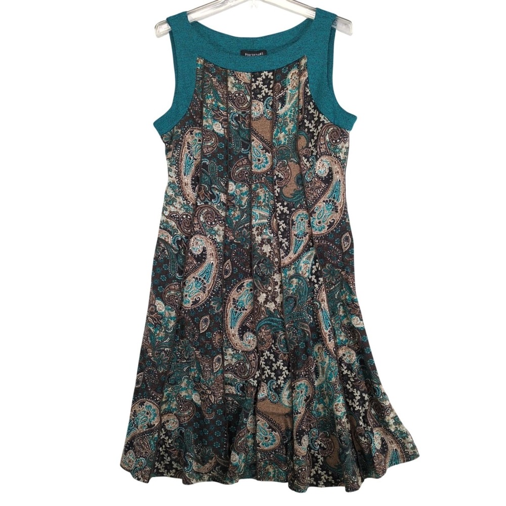 Perceptions Teal Brown Paisley Knit Fit & Flare Dress Sz 14 Stretch Knee-Length